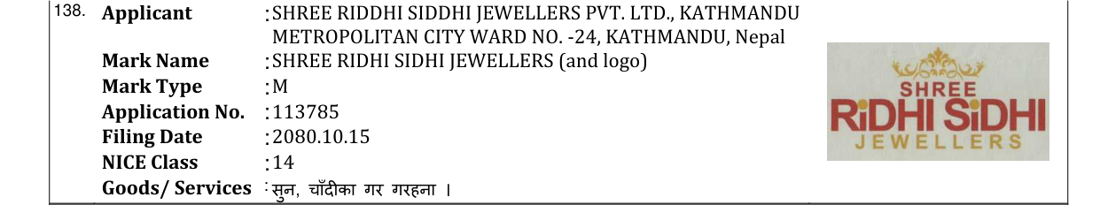 Original bulletin entry for SHREE RIDHI SIDHI JEWELLERS (and logo)