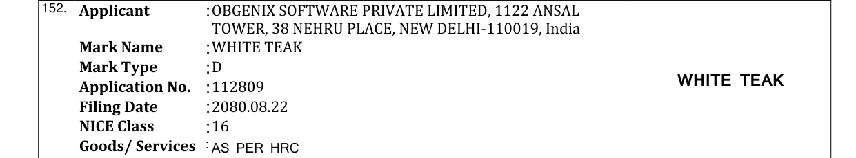 Original bulletin entry for WHITE TEAK