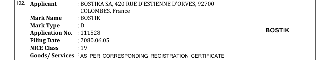 Original bulletin entry for BOSTIK