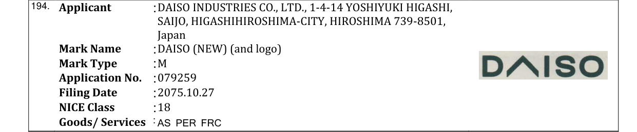 Original bulletin entry for DAISO (NEW) (and logo)