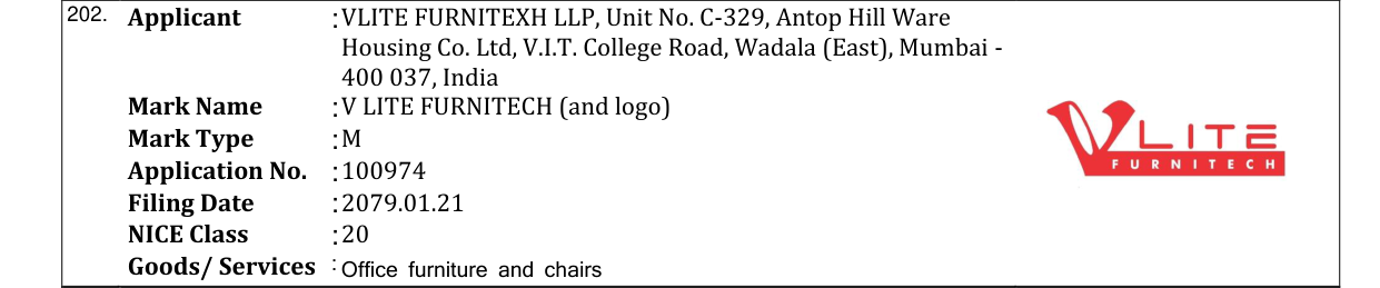 Original bulletin entry for V LITE FURNITECH (and logo)