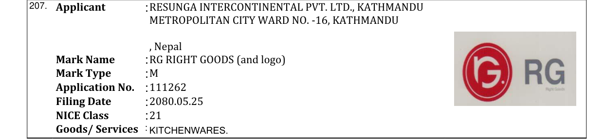 Original bulletin entry for RG RIGHT GOODS (and logo)