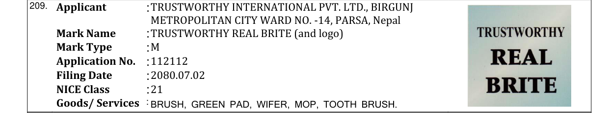 Original bulletin entry for TRUSTWORTHY REAL BRITE (and logo)