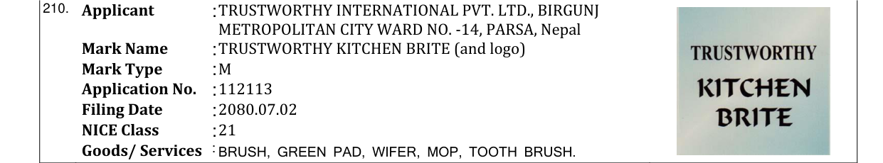 Original bulletin entry for TRUSTWORTHY KITCHEN BRITE (and logo)