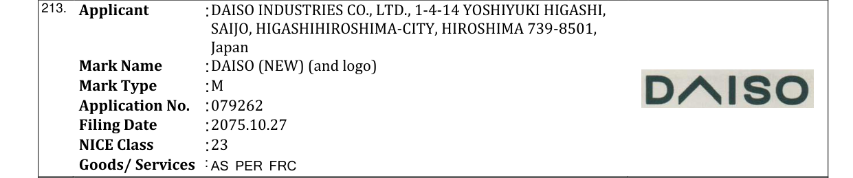 Original bulletin entry for DAISO (NEW) (and logo)