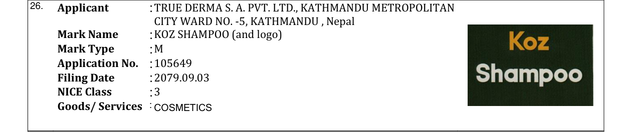 Original bulletin entry for KOZ SHAMPOO (and logo)