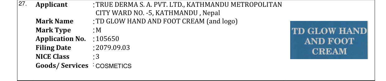 Original bulletin entry for TD GLOW HAND AND FOOT CREAM (and logo)