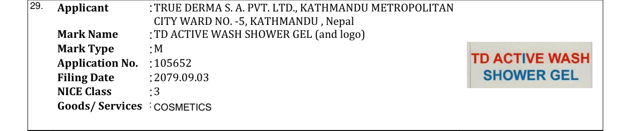 Original bulletin entry for TD ACTIVE WASH SHOWER GEL (and logo)
