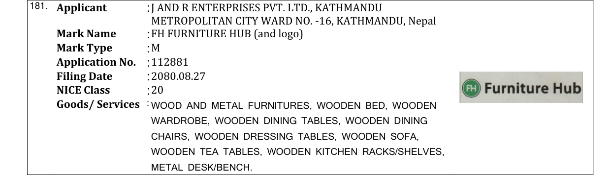 Original bulletin entry for FH FURNITURE HUB (and logo)