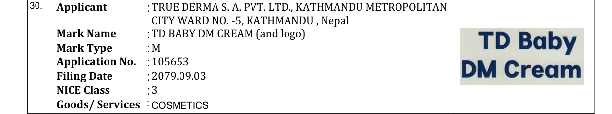Original bulletin entry for TD BABY DM CREAM (and logo)
