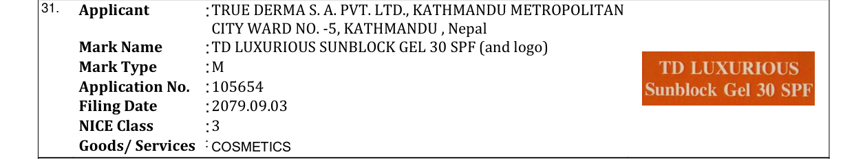 Original bulletin entry for TD LUXURIOUS SUNBLOCK GEL 30 SPF (and logo)
