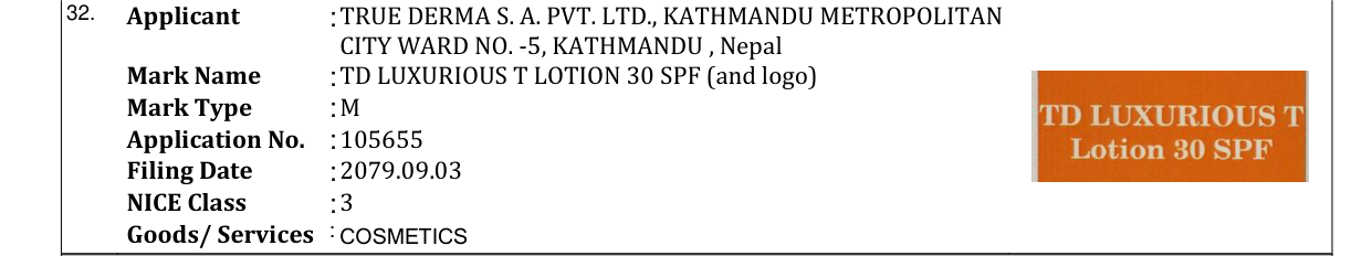 Original bulletin entry for TD LUXURIOUS T LOTION 30 SPF (and logo)