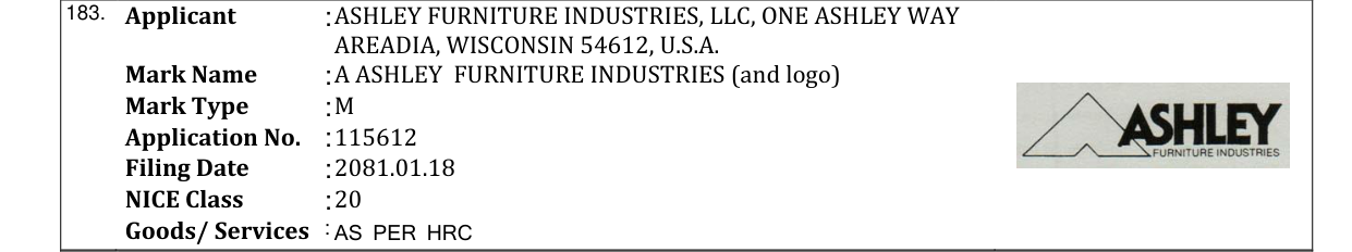 Original bulletin entry for A ASHLEY FURNITURE INDUSTRIES (and logo)