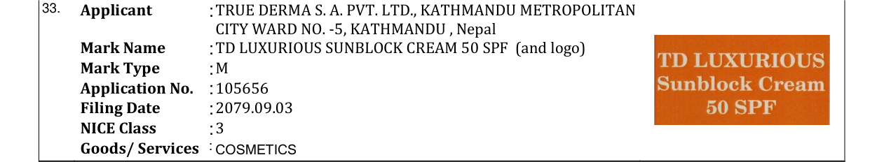 Original bulletin entry for TD LUXURIOUS SUNBLOCK CREAM 50 SPF (and logo)