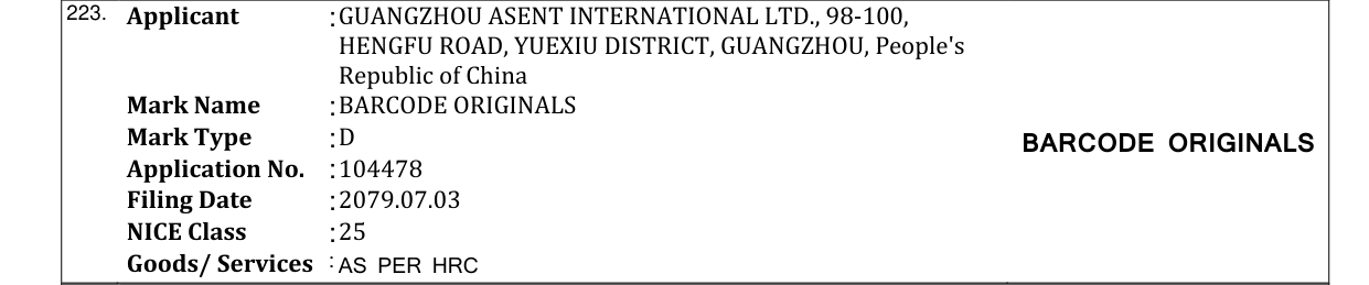 Original bulletin entry for BARCODE ORIGINALS