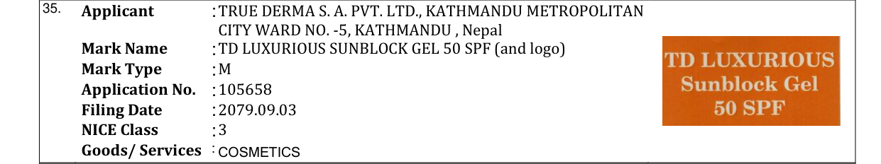 Original bulletin entry for TD LUXURIOUS SUNBLOCK GEL 50 SPF (and logo)