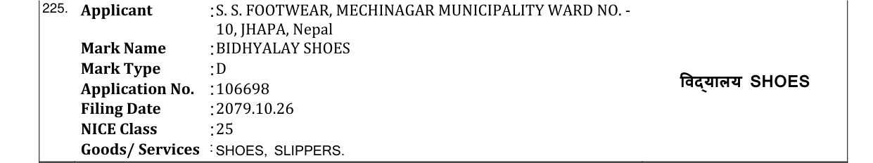 Original bulletin entry for BIDHYALAY SHOES