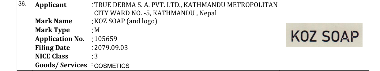 Original bulletin entry for KOZ SOAP (and logo)