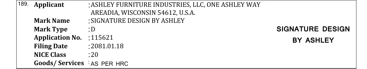 Original bulletin entry for SIGNATURE DESIGN BY ASHLEY