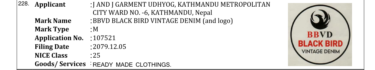 Original bulletin entry for BBVD BLACK BIRD VINTAGE DENIM (and logo)