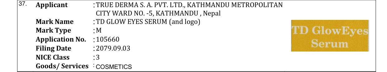 Original bulletin entry for TD GLOW EYES SERUM (and logo)
