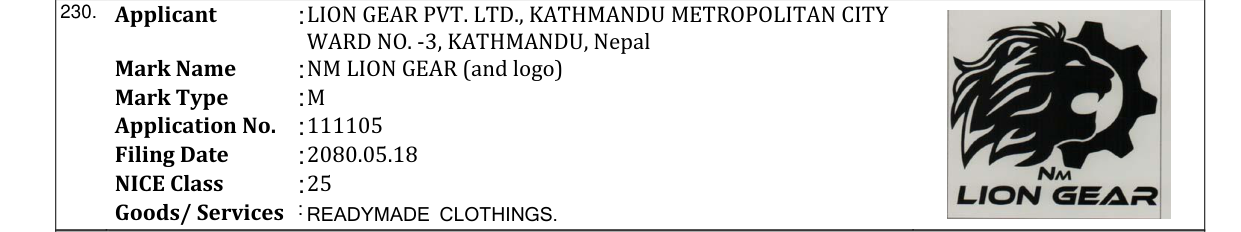 Original bulletin entry for NM LION GEAR (and logo)