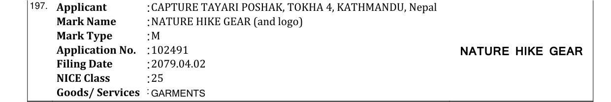 Original bulletin entry for NATUREHIKE GEAR (with Logo)