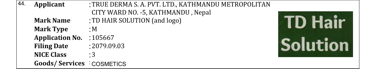 Original bulletin entry for TD HAIR SOLUTION (and logo)