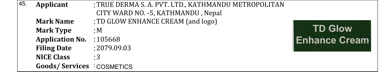 Original bulletin entry for TD GLOW ENHANCE CREAM (and logo)