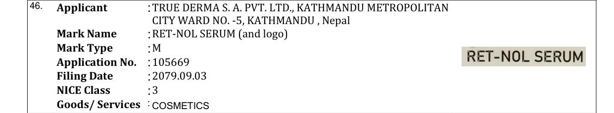 Original bulletin entry for RET-NOL SERUM (and logo)