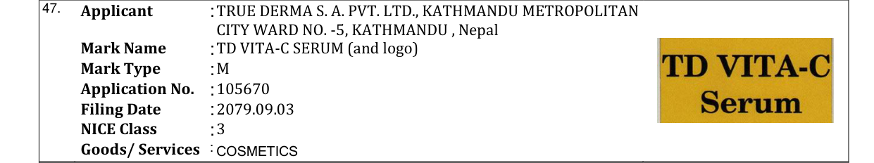 Original bulletin entry for TD VITA-C SERUM (and logo)