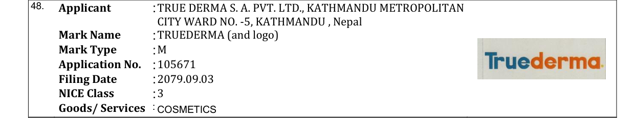 Original bulletin entry for TRUEDERMA (and logo)