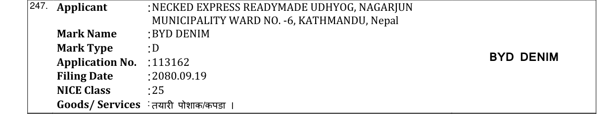 Original bulletin entry for BYD DENIM