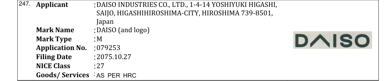 Original bulletin entry for DAISO (and logo)