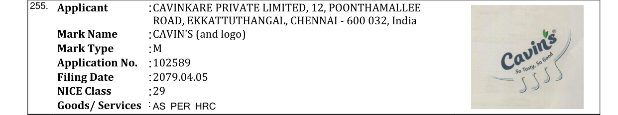 Original bulletin entry for CAVIN'S (and logo)