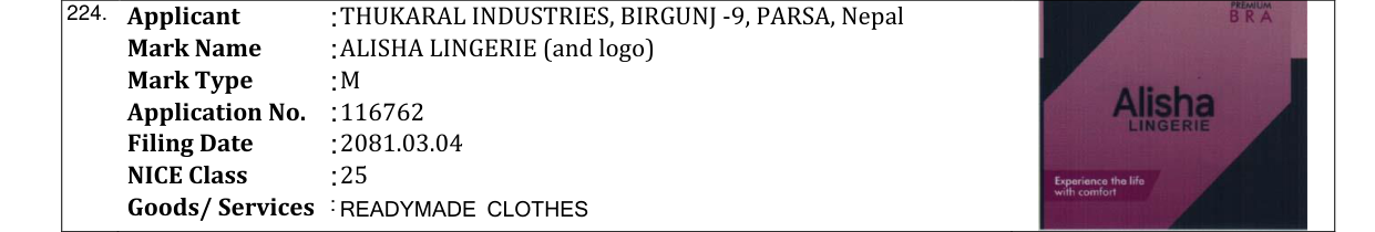 Original bulletin entry for ALISHA LINGERIE (and logo)