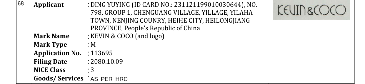 Original bulletin entry for KEVIN & COCO (and logo)