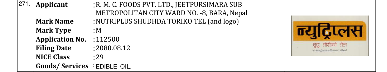 Original bulletin entry for NUTRIPLUS SHUDHDA TORIKO TEL (and logo)