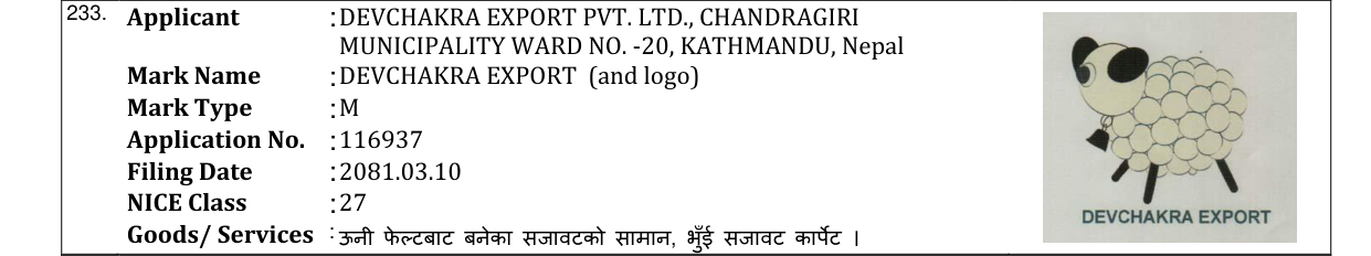 Original bulletin entry for DEVCHAKRA EXPORT (and logo)