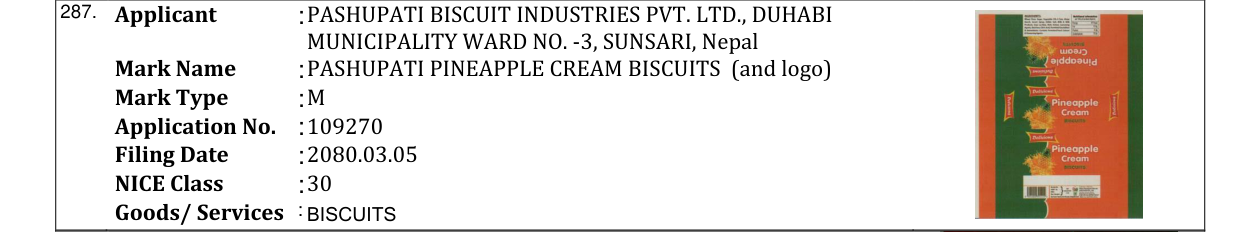 Original bulletin entry for PASHUPATI PINEAPPLE CREAM BISCUITS (and logo)