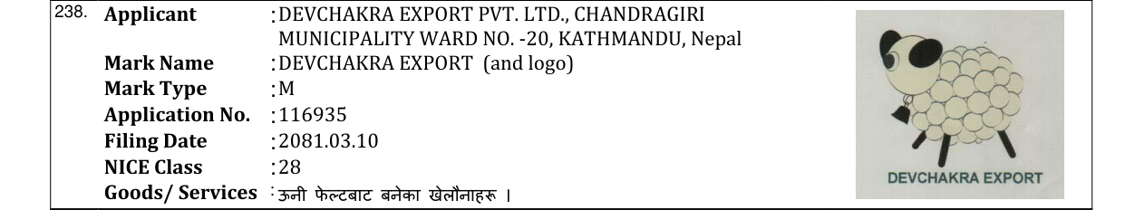 Original bulletin entry for DEVCHAKRA EXPORT (and logo)