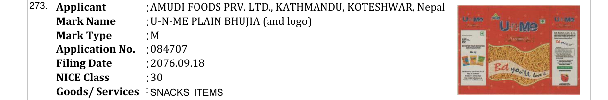 Original bulletin entry for U-N-ME PLAIN BHUJIA (and logo)