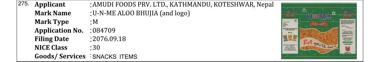 Original bulletin entry for U-N-ME ALOO BHUJIA (and logo)