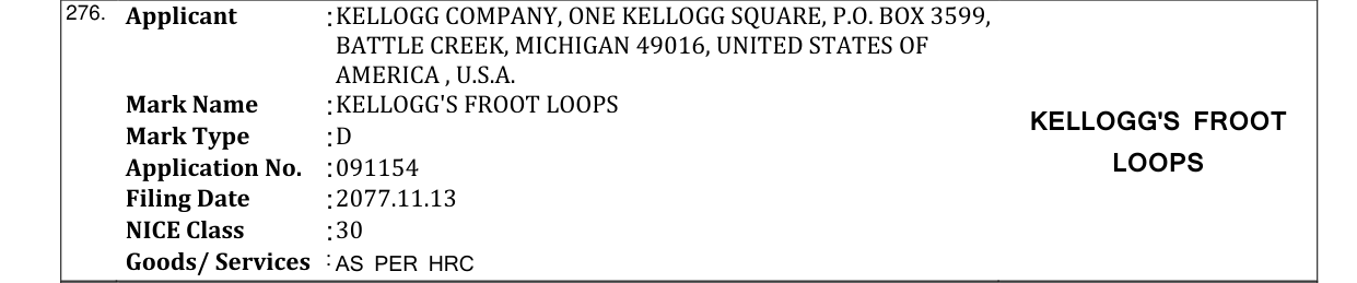 Original bulletin entry for KELLOGG'S FROOT LOOPS KELLOGG'S FROOT