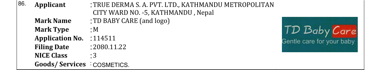 Original bulletin entry for TD BABY CARE (and logo)
