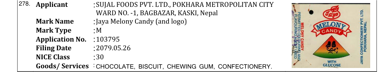 Original bulletin entry for Jaya Melony Candy (and logo)
