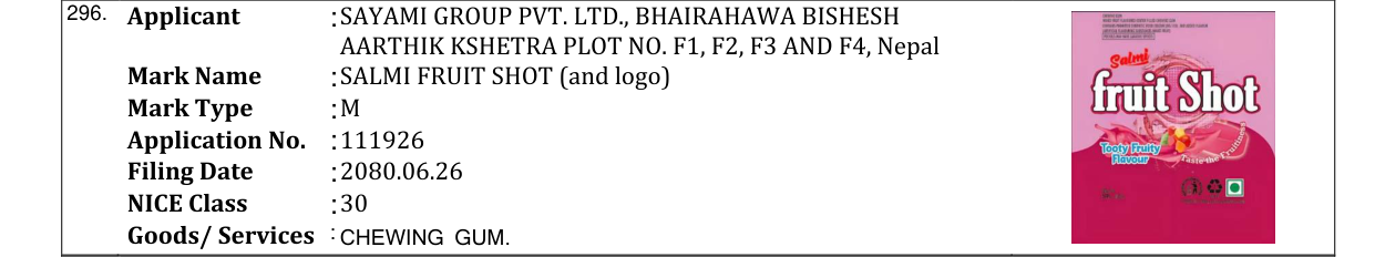Original bulletin entry for SALMI FRUIT SHOT (and logo)
