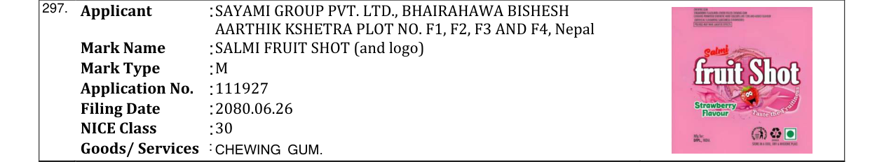 Original bulletin entry for SALMI FRUIT SHOT (and logo)