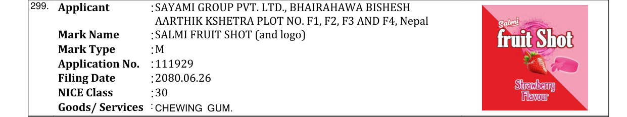 Original bulletin entry for SALMI FRUIT SHOT (and logo)