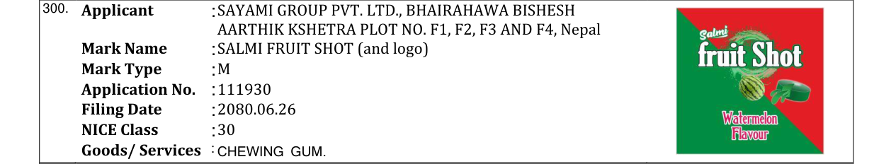 Original bulletin entry for SALMI FRUIT SHOT (and logo)